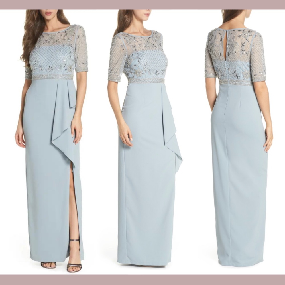 NWT Adrianna Papell [SZ 6 ] Beaded Ruffle Gown in‎ Heather Blue